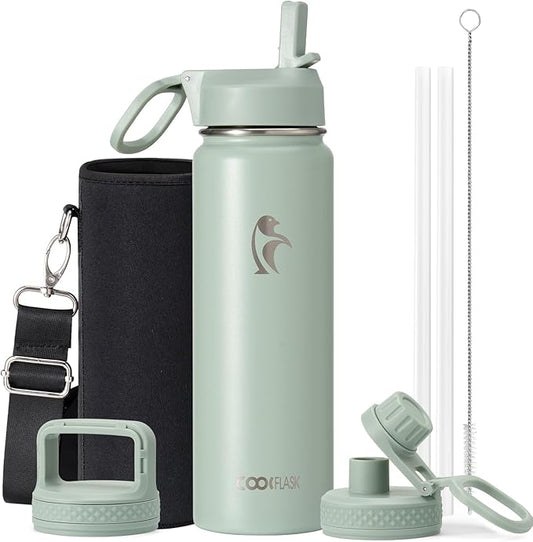 Coolflask Water Bottle 24 oz Insulated with Straw, Stainless Steel Metal 3 Lids Water Flask Wide Mouth for Sports or Office, Non-BPA Keep Cold Up to 48 Hrs or Hot Up to 24 Hrs, Grey Green