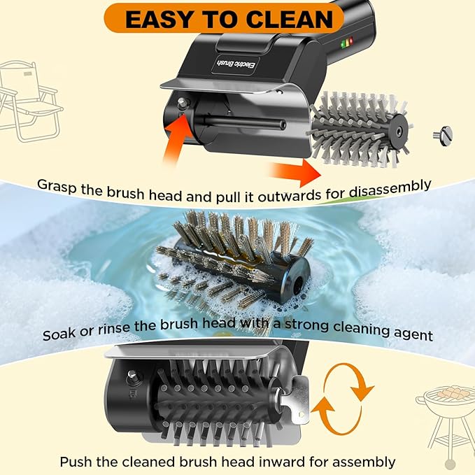 Electric Grill Brush with Dual Safety Lock - 2026 TikTok Ideal Gift for Men Dad Husband, Professional BBQ Cleaner with Submersible 304 SS Head, Splash-Proof Scrubber for Grill (Orange Button)