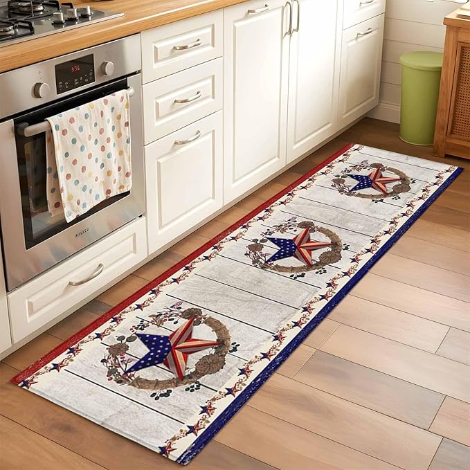 Runner Rug for Bedroom Hallway, Retro USA Flag Star and Berry Kitchen Runner Rugs Area Rug 2x6ft, Wooden Texture Washable Soft Floor Carpet for Entryway Stair
