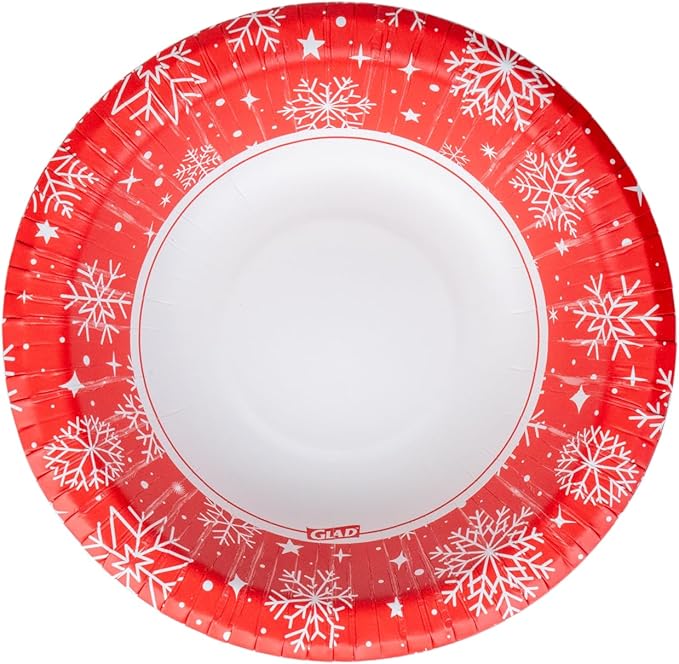 Glad Everyday Disposable Paper Bowls, Red Snowflake Holiday Design - Heavy Duty Soak-Proof Microwavable Paper Bowls - For Soups, Cereals, and Hot Foods, 12 Ounce, 20 Count - 8 Pack