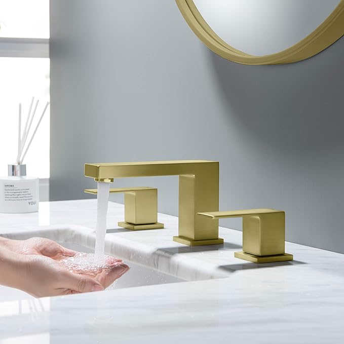 KIBI 2-Handle Cube Bathroom Sink Faucet with Drain Assembly | 3-Hole Installation, Solid Brass Construction | 8-Inch Wide Spread Lavatory Faucet | Brushed Gold Finish, KBF1024