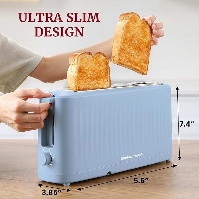 Elite Gourmet ECT2517OX SLIMTOAST™ 2-Slice Long Slot Toaster, Cool-Touch Body, 6 Browning Shades, Extra-Wide 1.5" Slot for Artisan Bread, Bagels, Waffles & English Muffins, Ocean Blue