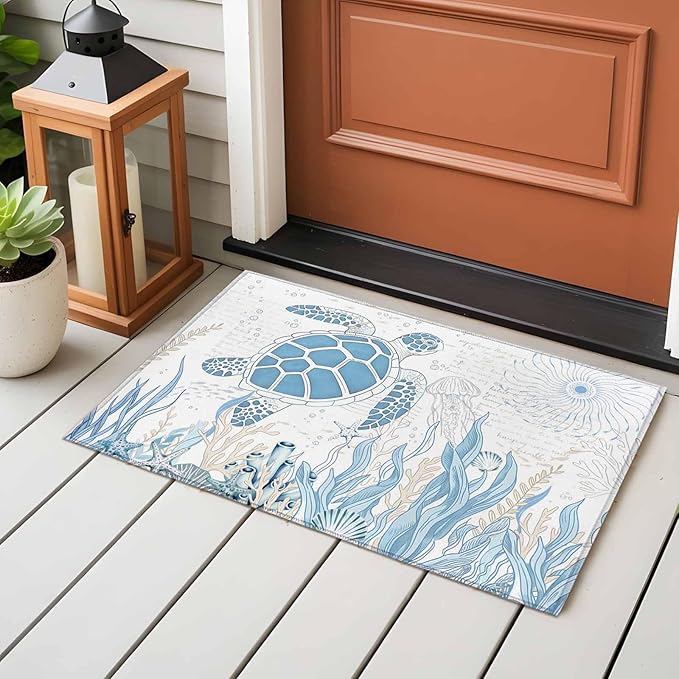 Area Rug 2x3ft, Blue Sea Turtles Stars Corals Washable Rugs for Living Room Bedroom, Vintage Marine Life Soft Non-Slip Area Rugs Rectangle Floor Carpet for Dining Room