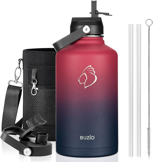 BUZIO 64oz Insulated Water Bottle Stainless Steel Double Wall Leak Proof Half Gallon with Straw Lid and Flex Cap (Cold for 48 Hrs) Sports Flask Metal Travel Mug for Hiking Cycling, Ruby Red Navy