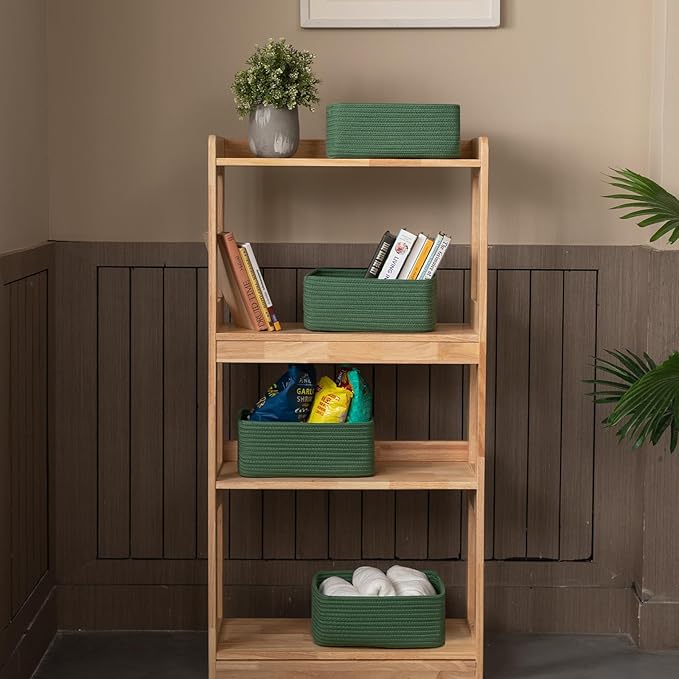 OIASKET 4 Pack Small Storage Shelf Baskets for Organizing, Mini Woven Rope Storage Bins for Towels, Cute Decorative Closet Organizer，Baby Nursery, Gift Empty Baskets -13''Lx8.66''Wx5.11''H-Green