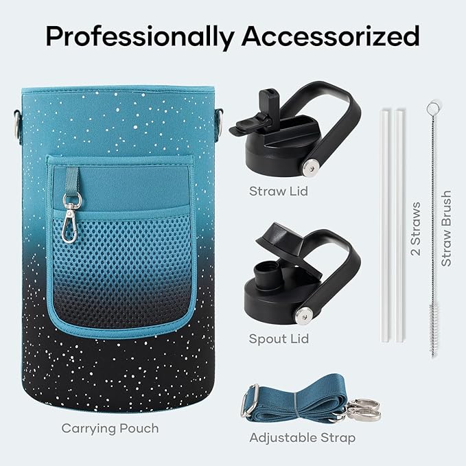 BUZIO 1 Gallon Water Jug with Straw Lid, 128oz Water Bottle Stainless Steel Triple Wall Hydro Jug 18/8 Food Grade Thermo Mug Keep Cold 48H & Hot 24H, Dappled Navy Black