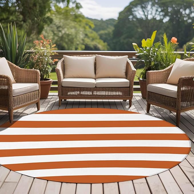 Washable Round Area Rug Farmhouse Classic Stripes Circle Rugs Floor Carpet for Living Room Bedroom, Orange White Soft Non Slip Round Rug 5ft