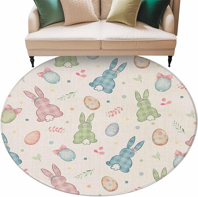 Washable Round Area Rug Happy Easter Cute Plaid Bunny Circle Rugs Floor Carpet for Living Room Bedroom, Colorful Egg Leaves Farm Linen Soft Non Slip Round Rug 5ft