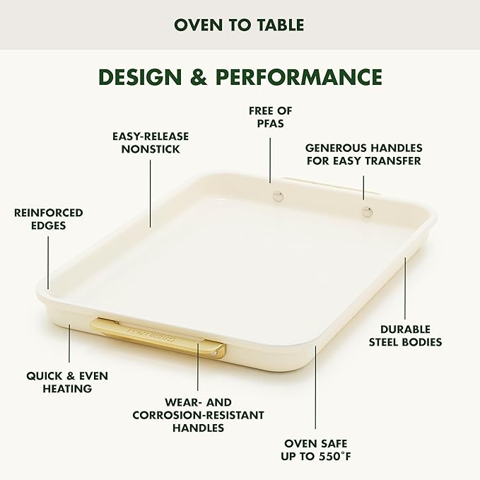 GreenPan Bakeware 13" x 9" Quarter Sheet Pan, Ceramic Nonstick Baking Pan, PFAS & BPA Free, Gold Handles, Durable Steel, Versatile & Space Saving Ovenware, Freezer to Oven Dish, Cream