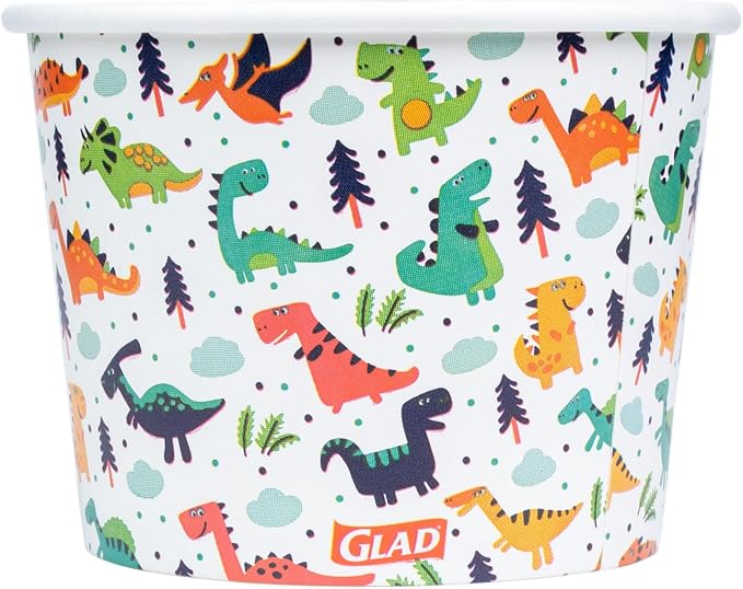 Glad for Kids Dinosaurs Paper Snack Bowls, Colorful Heavy Duty Microwave Safe Disposable Bowls for Soup, Ice Cream, and Snacks, Lids Not Included, Multicolor, Party Pack, 12 Oz, 20 Count - 24 Pack