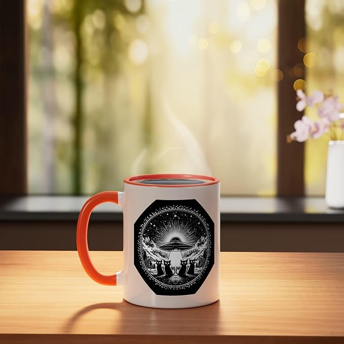Retro UFO Cats Vintage Sci Fi Space Stary Sky Design Ceramic Mug, Orange/White