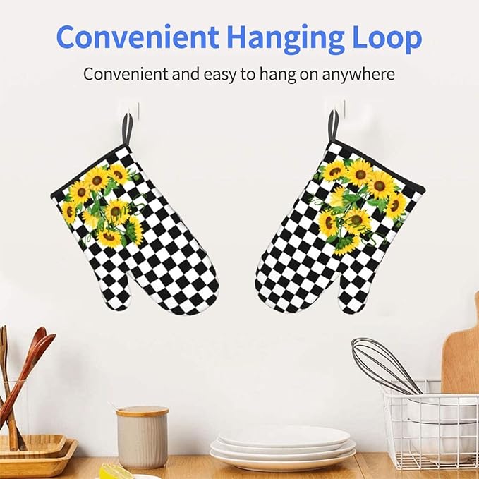 Sunflower Oven Mitts of 2-Pack Set, Funny Kitchen Gloves Heat Resistant Non-Slip Kitchen Mitts Safe Cooking Baking Grilling