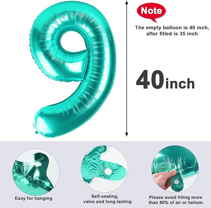 40 Inch Blue-green Numbers 9 Balloon, Balloons Decorations for 9 19 90 Birthday Party, Engagement, Wedding, Graduations, Photo Shoot Supplies