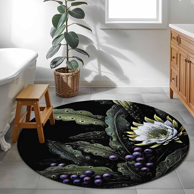 Washable Round Area Rug Watercolor Flower Berry Leaves Circle Rugs Floor Carpet for Living Room Bedroom, Botanical Plant Dark Style Soft Non Slip Round Rug 3ft
