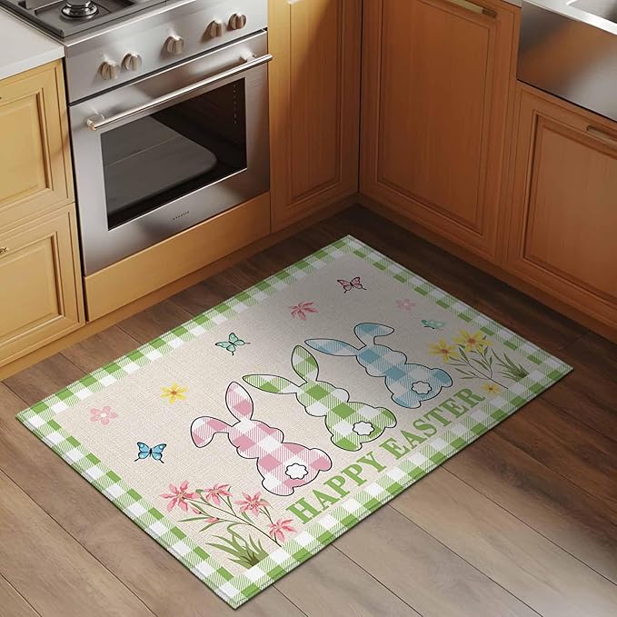 Area Rug 2x3ft, Happy Easter Bunny Shadow Flowers Washable Rugs for Living Room Bedroom, Retro Linen Cotton and Grid Soft Non-Slip Area Rugs Rectangle Floor Carpet for Dining Room