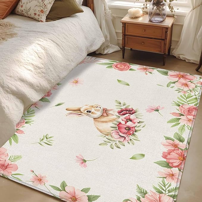 Area Rug 3x5ft, Retro Easter Rabbit on Linen Washable Rugs for Living Room Bedroom, Spring Pastoral Pink Flower Leaf Soft Non-Slip Area Rugs Rectangle Floor Carpet for Dining Room