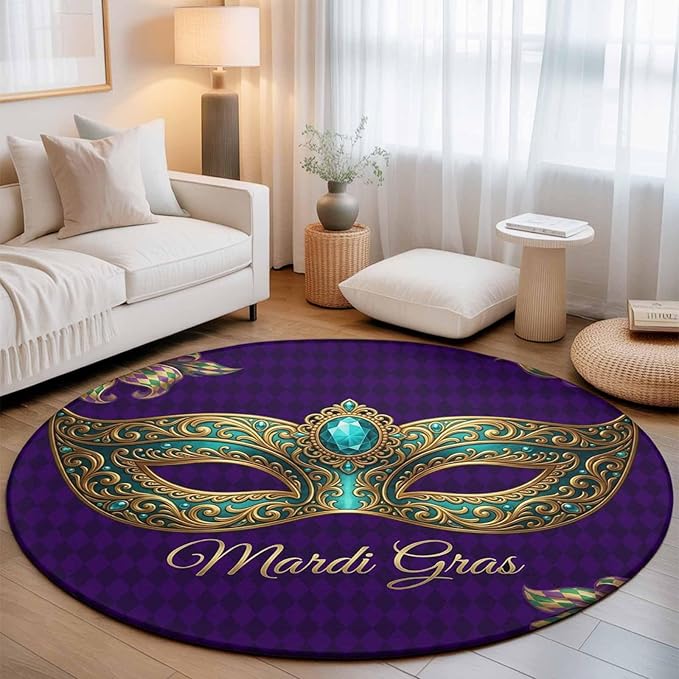 Washable Round Area Rug Mardi Gras Mask Purple Plaid Circle Rugs Floor Carpet for Living Room Bedroom, Abstract Blossom Floral Soft Non Slip Round Rug 3ft