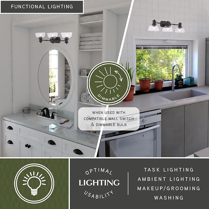 VAXCEL Beloit 3-Light 25.5 in. Wide Matte Black Farmhouse Bathroom Vanity Lighting Fixture, Clear Seeded Glass Shade, Dimmable, LED Compatible, Reversible Over The Mirror Mounted Steel Wall Sconce