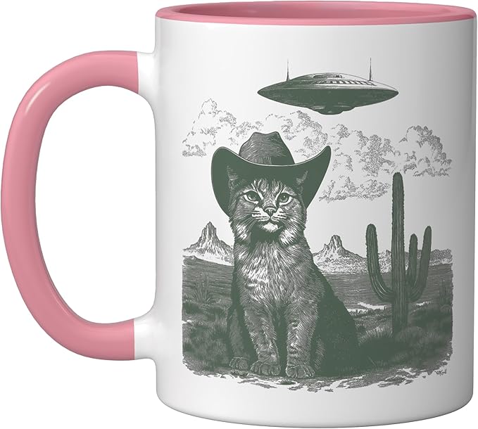 Feline in Hat UFO Sighting Arid Wilderness Cat Design Ceramic Mug, Pink/White