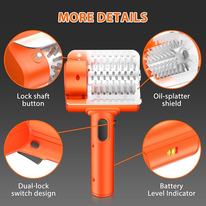 Electric Grill Brush - BBQ Grill Cleaning Tools with 800 RPM Brush Head,3000mAh Battery and 304 Stainless Steel Bristles, Cordless Rechargeable Grill Cleaner for Outdoor (Orange)