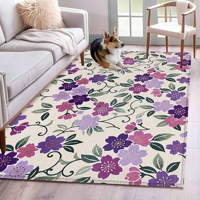 Area Rug 4x6ft, Watercolor Country Flowers Washable Rugs for Living Room Bedroom, Plum Blossoms on Linen Soft Non-Slip Area Rugs Rectangle Floor Carpet for Dining Room