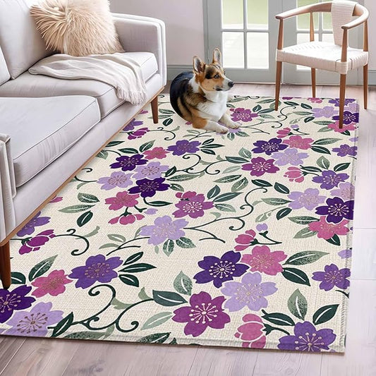 Area Rug 4x6ft, Watercolor Country Flowers Washable Rugs for Living Room Bedroom, Plum Blossoms on Linen Soft Non-Slip Area Rugs Rectangle Floor Carpet for Dining Room