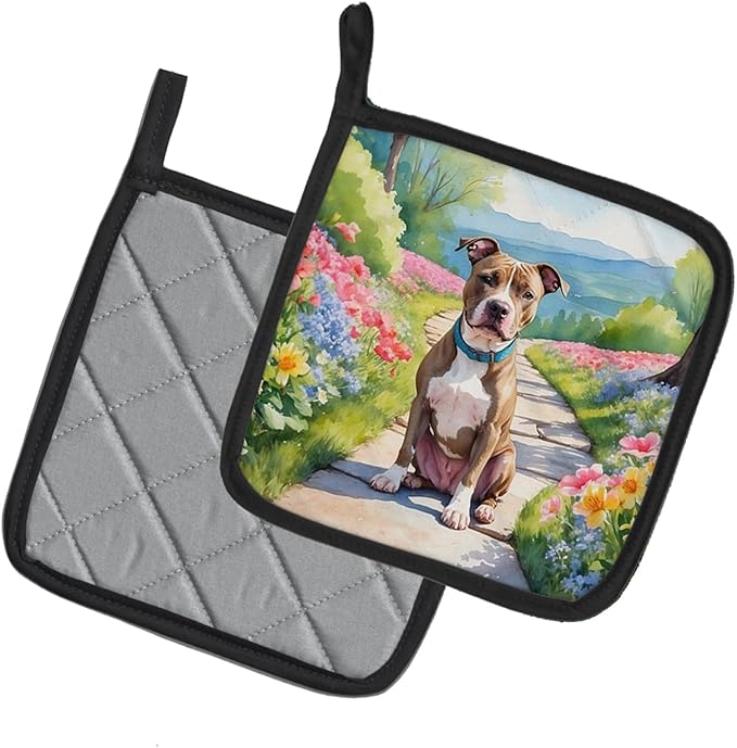 Caroline's Treasures Pit Bull Terrier Spring Path Pair of Pot Holders Kitchen Heat Resistant Pot Holders Sets Oven Hot Pads for Cooking Baking BBQ, 7 1/2 x 7 1/2