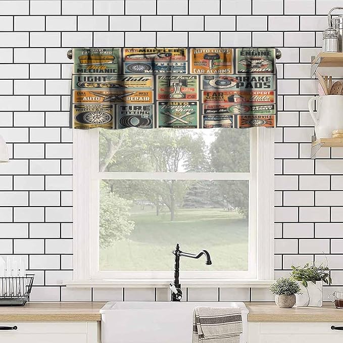 Cars Service Valance Curtain Garage Station, Automotive Diagnostic, Engine, Tire Fitting, Vehicle Repair Shop Curtains Valances for Kitchen Living Room Decor with Rod Pocket, One Panel 54X18 Inches