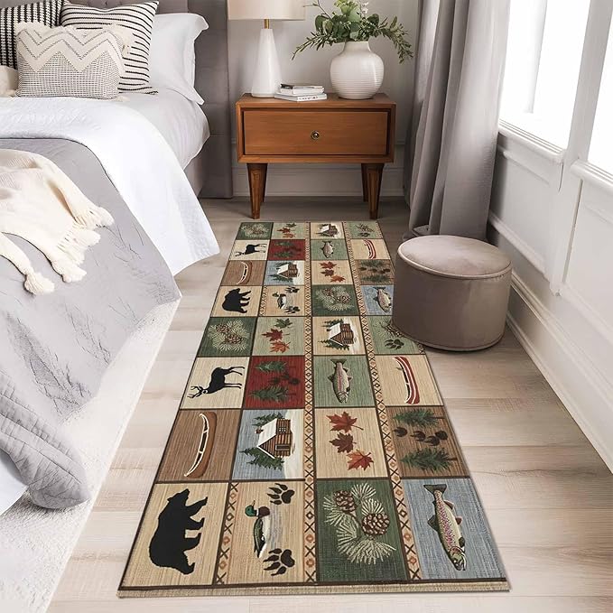 Runner Rug for Bedroom Hallway, Vintage Bear Forest Deer Fish Village Kitchen Runner Rugs Area Rug 2x6ft, Retro Wildlife Themes Washable Soft Floor Carpet for Entryway Stair