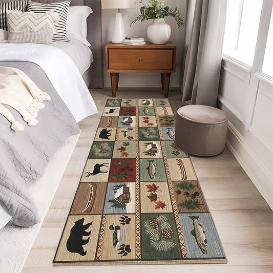 Runner Rug for Bedroom Hallway, Vintage Bear Forest Deer Fish Village Kitchen Runner Rugs Area Rug 2x6ft, Retro Wildlife Themes Washable Soft Floor Carpet for Entryway Stair