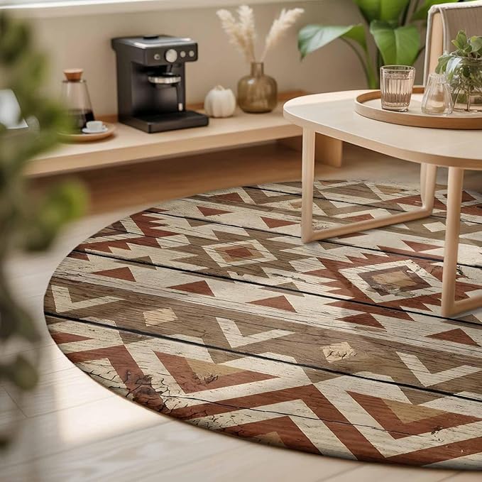 Washable Round Area Rug Rustic Aztec Style Pattern Circle Rugs Floor Carpet for Living Room Bedroom, Southwestern Geometric Art Soft Non Slip Round Rug 3ft