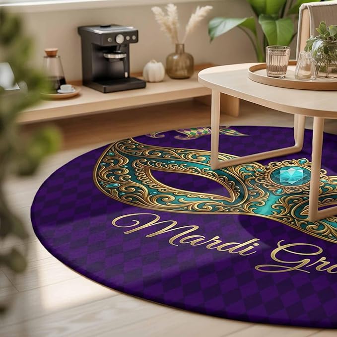 Washable Round Area Rug Mardi Gras Mask Purple Plaid Circle Rugs Floor Carpet for Living Room Bedroom, Abstract Blossom Floral Soft Non Slip Round Rug 3ft