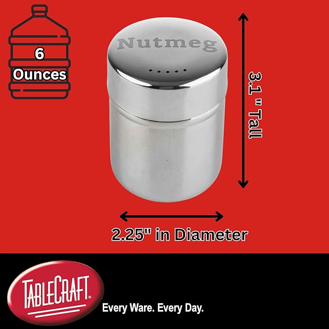 TableCraft 11052 Dredge Shaker, Stainless Steel 6 oz Coffee and Baking Spice Jar with Storage Cap, Mirror Finish, Nutmeg Engraved Lid Label, Ideal for Kitchen and Beverage Bar Use