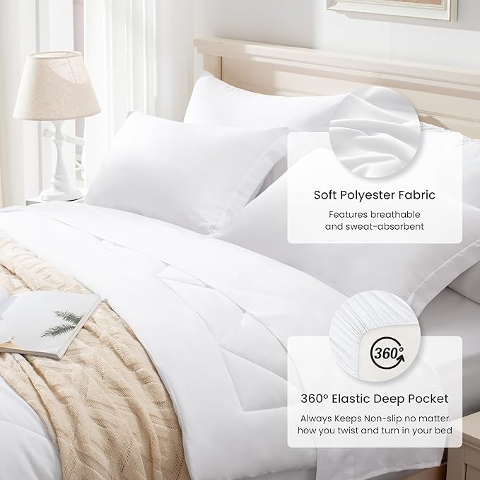 Love's cabin King Size Comforter Set White, 7 Pieces King Bed in a Bag, All Season Bedding Sets with 1 Comforter, 1 Flat Sheet, 1 Fitted Sheet, 2 Pillowcase and 2 Pillow Sham | Soft, Breathable, Lightweight, Comfortable