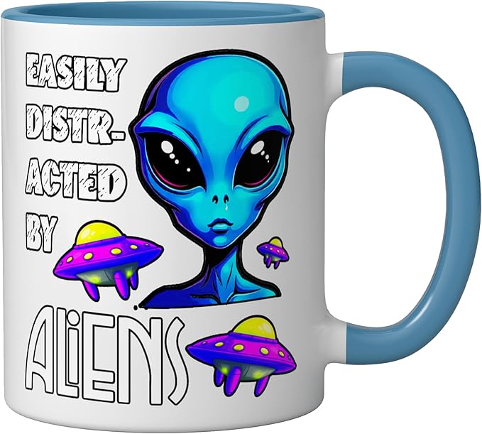 Easily Distracted By Aliens Funny Sci Fi Apparel Design Ceramic Mug, Blue/White