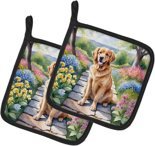 Caroline's Treasures Golden Retriever Spring Path Pair of Pot Holders Kitchen Heat Resistant Pot Holders Sets Oven Hot Pads for Cooking Baking BBQ, 7 1/2 x 7 1/2
