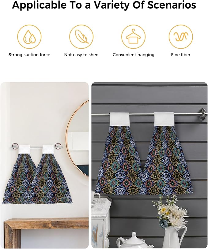 Alandar Home Kitchen Tie Towel Set of 2, Damask Baroque Ethnic Floral Bohemian Absorbent Soft Hand Towels for Bathroom Hanging Towels, Rhombus Geometric Art Fast Drying Cleaning Cloth with Loop