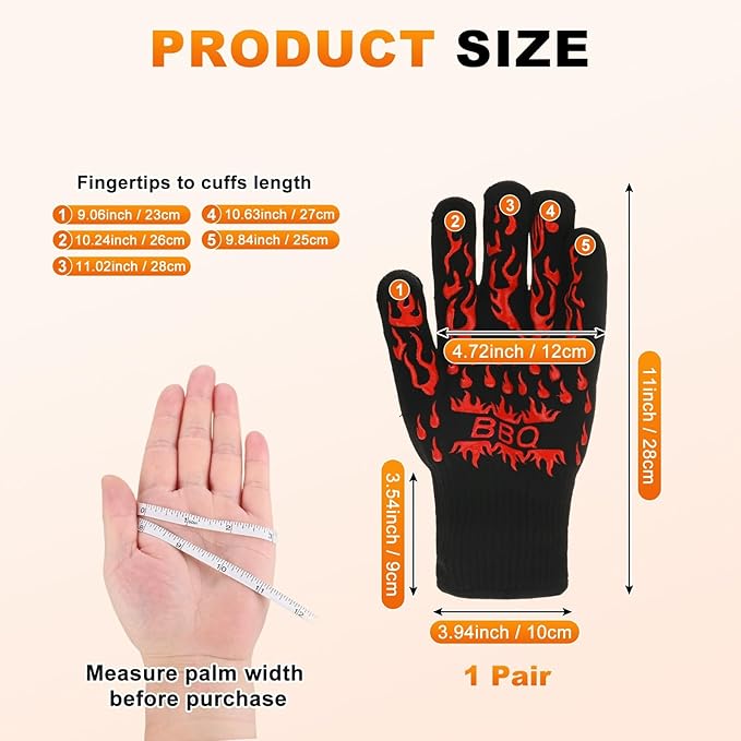 M METERXITY 1-Pair BBQ Gloves, 1472°F Heat Resistant Non-Slip Grilling Oven Gloves for Barbecue/Baking/Cooking [S Size, Red]