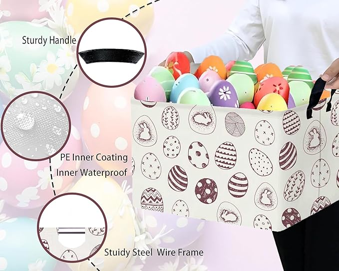 Large Rectangular Easter Baskets Empty Waterproof Boy Toy Box Foldable Kid's Gifts Storage Bin Spring Room Decor(Brown Egg)