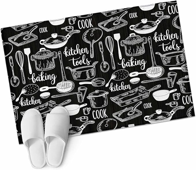 Black Kitchen Tools 2x3 Door Mat Rug, Modern Cooking Utensil Non-Skid Rubber Backing Large Rectangle Rugs - Living Room Bedroom Home Office, Farmhouse Cookware Indoor Floor Mat Carpets Washable Rug