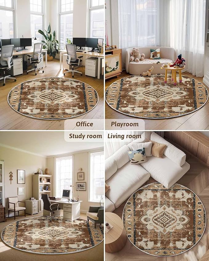 Round Area Rug,Retro Brown Pattern Ethnic Style Circle Living Room Rug Non-Slip Rugs Indoor Carpet,Abstract Flower Tribal Art Soft Comfort Rugs for Bedroom KidsRoom Nursery