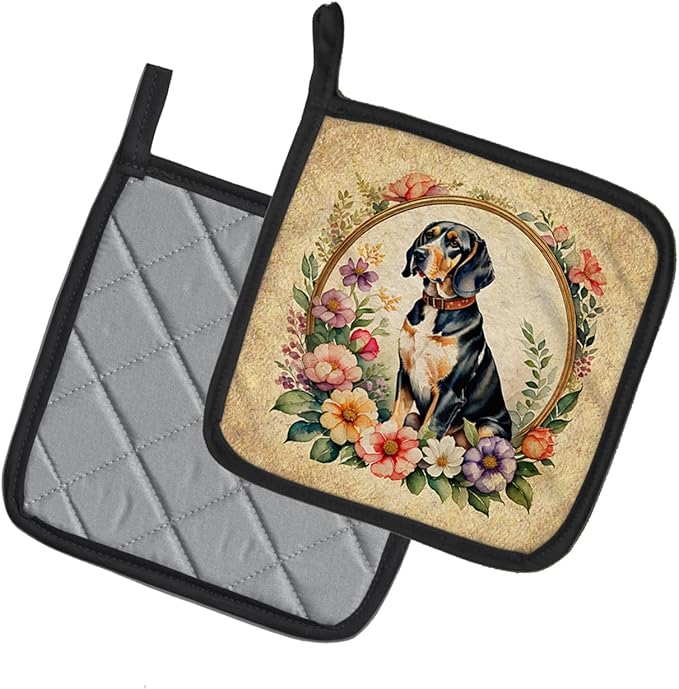 Caroline's Treasures American English Coonhound and Flowers Pair of Pot Holders Kitchen Heat Resistant Pot Holders Sets Oven Hot Pads for Cooking Baking BBQ, 7 1/2 x 7 1/2