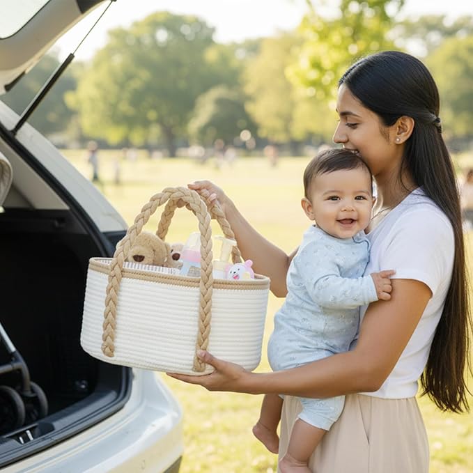 Baby Diaper Caddy, Portable Diaper Organizer for Changing Table, Car Travel Baby Shower Gifts Newborn Essentials, Cotton Rope Nursery Storage Basket for Boys Girls (White＆Khaki)