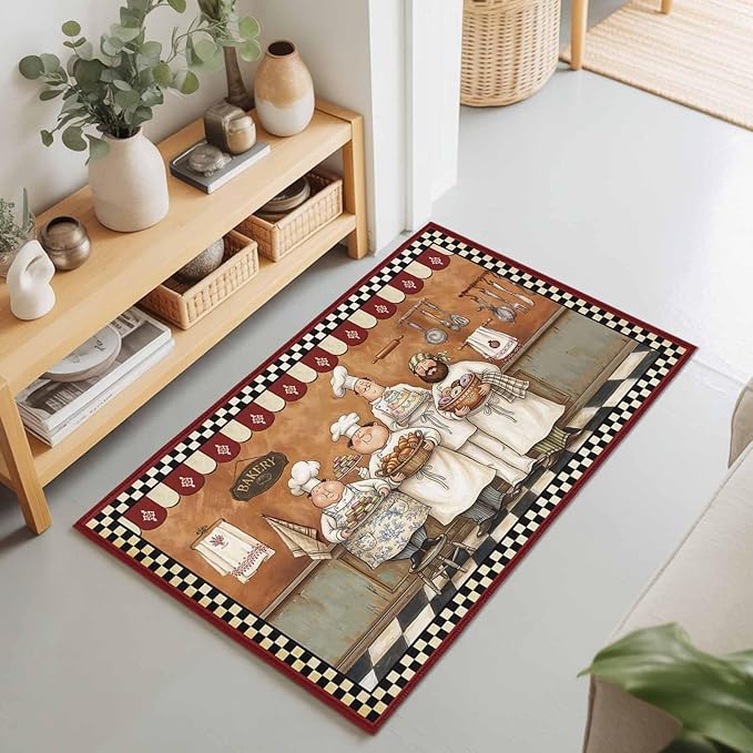 Area Rug 2x3ft, Farmhouse Cartoon Chef Washable Rugs for Living Room Bedroom, Cooking Theme Black White Checkered Soft Non-Slip Area Rugs Rectangle Floor Carpet for Dining Room