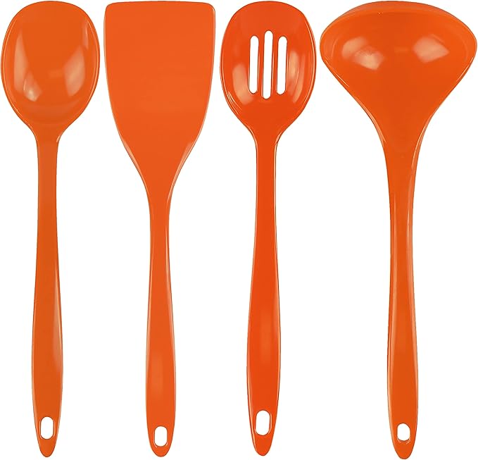 Reston Lloyd 100% Melamine Kitchen Utensil Set, Non Scratching Ladle, Spoon, Slotted Spoon & Spatula, Easy To Hold, Set of 4, Orange