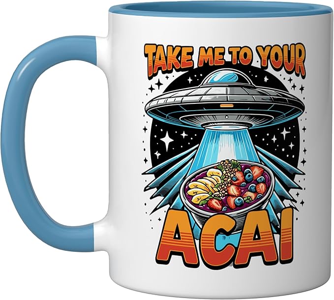 Take Me to Your Acai UFO Abduction Berry Fruit Funny Acai Ceramic Mug, Blue/White