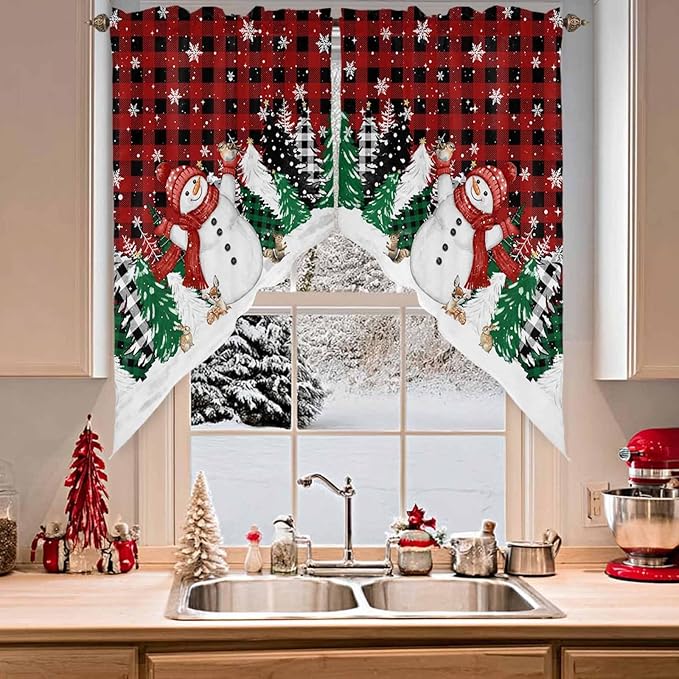 Christmas Snowman Swag Valance Curains Winter Xmas Tree Snowflakes Red Black Plaid Rod Pocket Kitchen Curtains Scalloped Window Treatment Valances Swag for Living Room Bedroom, 1 Pair, 36"W x 45"L