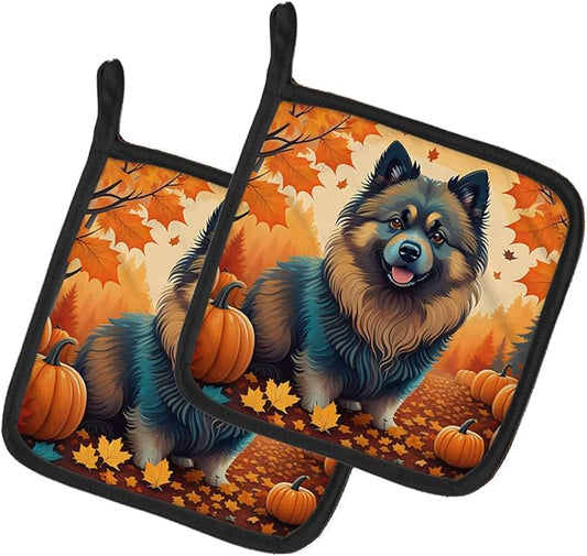Caroline's Treasures DAC1053PTHD Keeshond Fall Pair of Pot Holders Kitchen Heat Resistant Pot Holders Sets Oven Hot Pads for Cooking Baking BBQ, 7 1/2 x 7 1/2