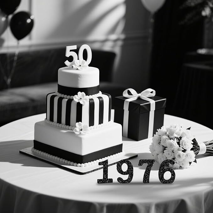 TONIFUL 4 Inch 1976 Black Glitter Table Centerpiece Sign 1976 Number Block for 50th Birthday Decoration,Fifty Years Old Birthday Table Decoration,Class of 1976 Reunion Decorations or Anniversary