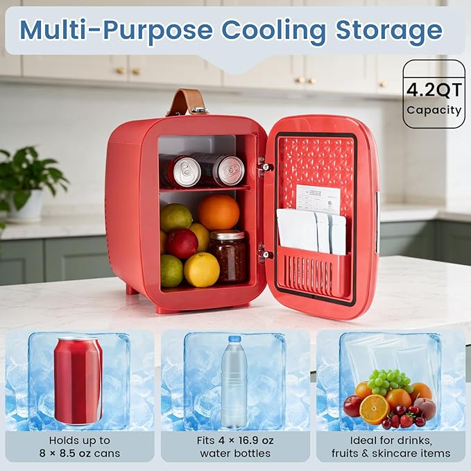 NEWBULIG Mini Fridge for Bedroom, Office & Car, Portable 4L/4.23QT Mini Refrigerator for Skincare with Handle, Ultra-Quiet Energy-Saving Compact Cooler for Drinks, Food, Skincare & Makeup, 12V AC/DC